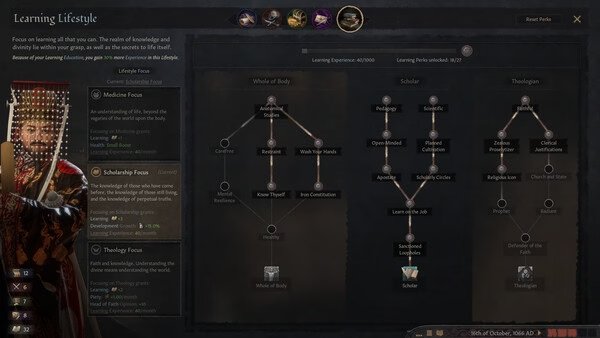 Crusader Kings III screenshot: A character's learning lifestyle tree is displayed, showing various skills and focuses available.