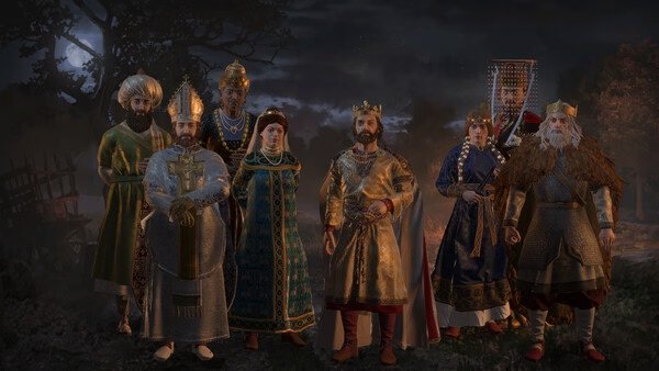 A Crusader Kings III screenshot showing a group of medieval characters in detailed attire, standing outdoors under a moonlit sky.