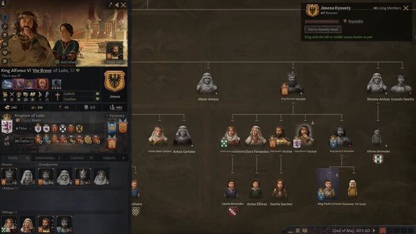 Screenshot from Crusader Kings III showing King Alfonso VI, his traits, and a detailed family tree with various portraits.
