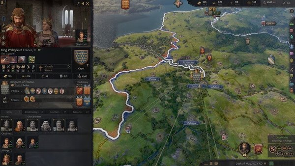 Crusader Kings III screenshot: King Philippe of France on the character panel with a detailed map view of his kingdom and vassals.