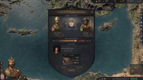 Crusader Kings III screenshot showing a crusade interface with attacking and defending sides, detailing war contributions and goals.