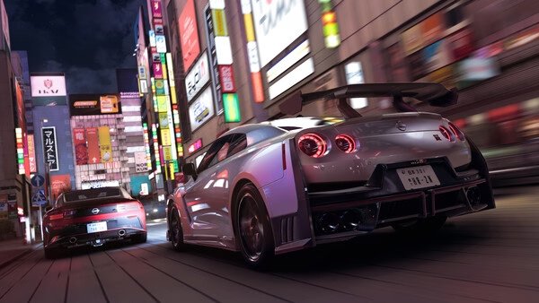 A Forza Horizon 6 screenshot shows two sleek cars racing through a vibrant, neon-lit city street at night.
