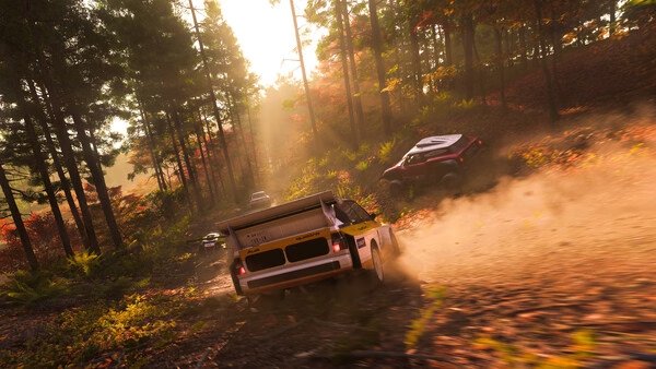 A Forza Horizon 6 screenshot showing rally cars racing through a sunlit, autumn forest with dust clouds trailing behind them.