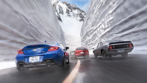 Screenshot from Forza Horizon 6 showing three cars racing through a narrow, snowy mountain pass under a clear blue sky.