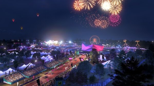 Forza Horizon 6 screenshot: A vibrant festival scene at night with fireworks, bright tents, a ferris wheel, and rows of cheering crowds.