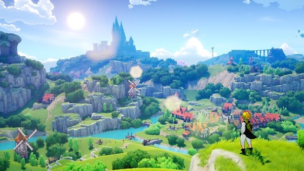 Screenshot from The Seven Deadly Sins: Origin showing a character overlooking a vibrant village with windmills and a castle in the distance.