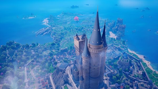 Screenshot from The Seven Deadly Sins: Origin showing a majestic castle towering over a vast, lush landscape with a distant ocean.