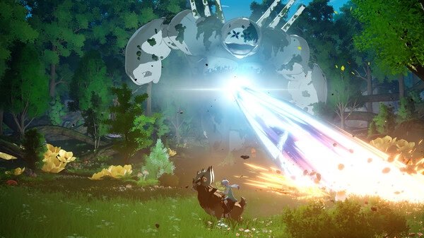 Screenshot from "The Seven Deadly Sins: Origin" showing a character on horseback evading a giant robot's energy blast in a lush forest.