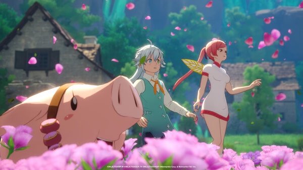 Screenshot from The Seven Deadly Sins: Origin showing characters walking in a field of pink flowers with a pig nearby.