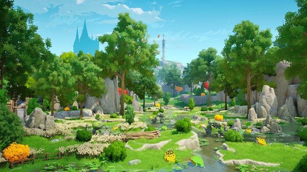 A screenshot from The Seven Deadly Sins: Origin showing a vibrant landscape with trees, a stream, and colorful creatures in a lush meadow.