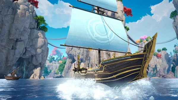 Screenshot from The Seven Deadly Sins: Origin showing a detailed ship sailing through rocky cliffs and blue waters.