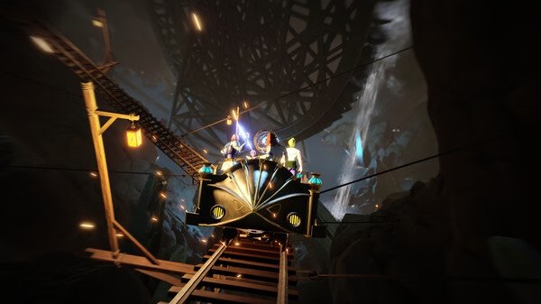 Screenshot from The Seven Deadly Sins: Origin showing characters riding a minecart on rails in a dimly lit cavern.
