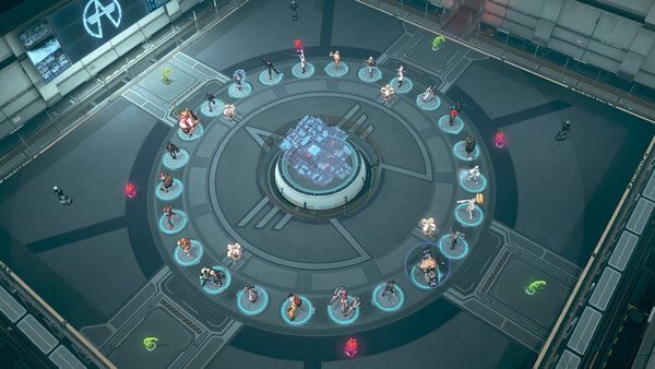 Eternal Return screenshot: A futuristic arena with multiple characters in a circle around a glowing central console.