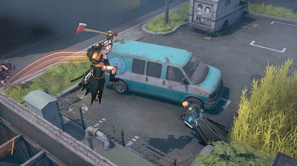 Screenshot from Eternal Return showing a character wielding an axe mid-jump near a blue van in an urban setting.