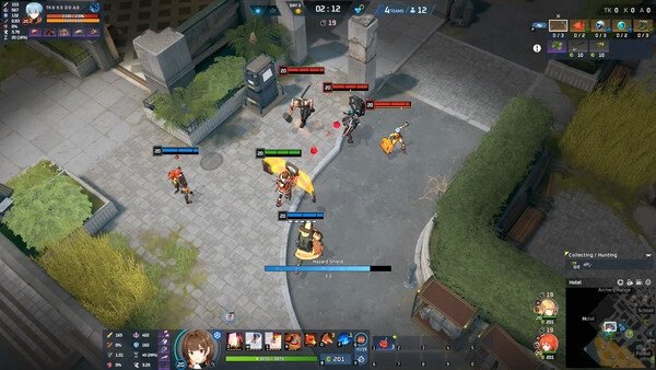 Screenshot from Eternal Return showing a top-down battle scene with characters engaging in combat on a paved area.