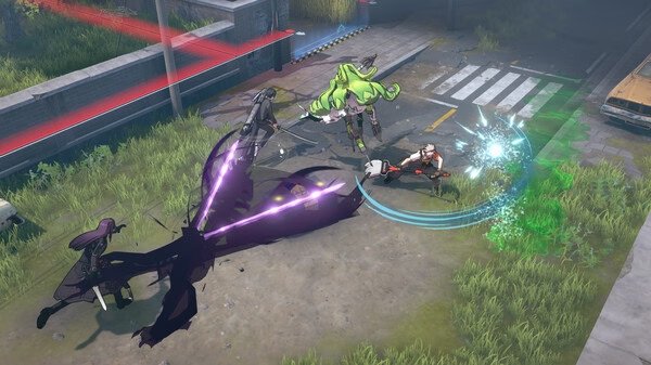 Eternal Return screenshot: Four characters engage in battle on a grassy street, with energy effects and attacks visible around them.