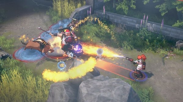 Eternal Return screenshot: A character in red attacks with fire and lasers while facing an enemy and a wild boar in a grassy area.