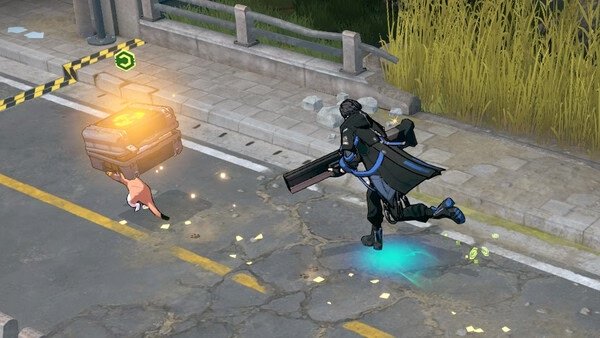 A character chases a cat carrying a glowing crate in a road area in this Eternal Return screenshot.