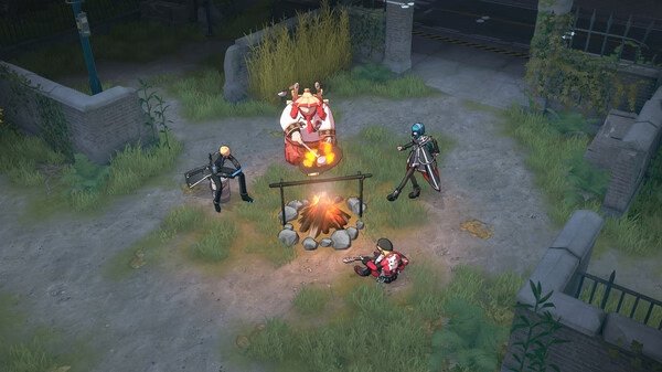 Eternal Return screenshot: Four characters gather around a lit campfire in an outdoor area surrounded by walls and greenery.