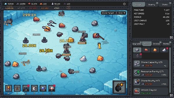 Screenshot from Fracture Field showing a player navigating a snowy area with resources, towers, and upgrade options visible.