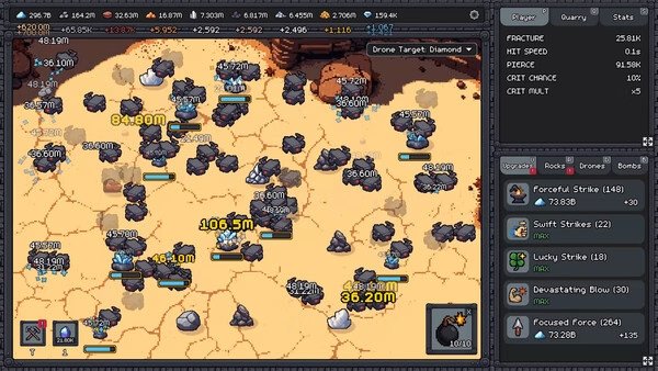 Fracture Field screenshot: Numerous drones and rocks scattered across a cracked desert terrain, with stats and abilities displayed onscreen.