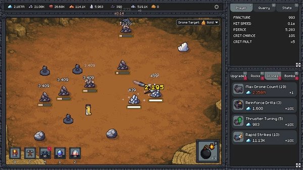 Screenshot from 'Fracture Field' showing a strategic battle with rocks and drones on a rocky terrain, with upgrade options on the side.