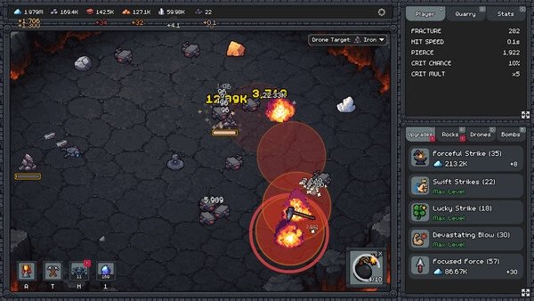 Screenshot from Fracture Field game showing a character battling rock monsters with fire effects, surrounded by a volcanic terrain.