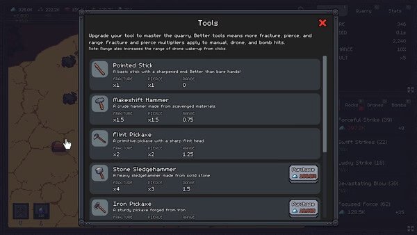 Screenshot from "Fracture Field" showing the tools menu, listing various upgradeable tools like hammers and pickaxes with stats.