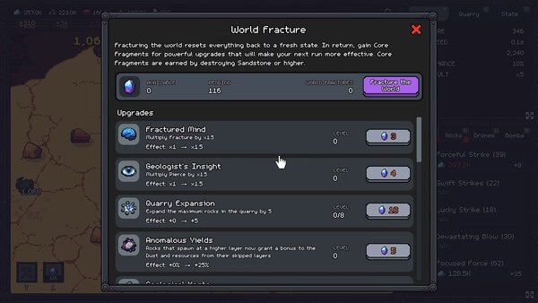 Screenshot of the game 'Fracture Field' showing a menu with various upgrade options and resources available for the player.