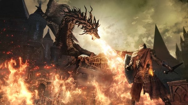 DARK SOULS™ III screenshot: A knight faces a dragon breathing fire amid a fiery, medieval landscape.