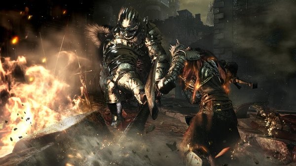 Screenshot from DARK SOULS™ III showing a fierce battle between two armored characters amidst flames and debris in a ruined setting.
