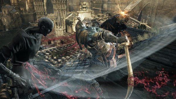 DARK SOULS™ III screenshot: A knight in armor battles two undead foes on a rooftop, with a cathedral in the background.