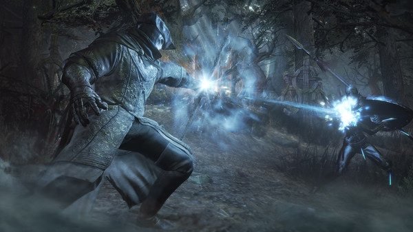 A DARK SOULS™ III screenshot showing a robed character casting a glowing spell at an armored foe in a misty forest setting.