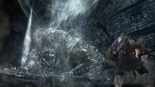 Screenshot from DARK SOULS™ III: A player character faces a giant, ethereal ice creature in a dark, atmospheric setting.