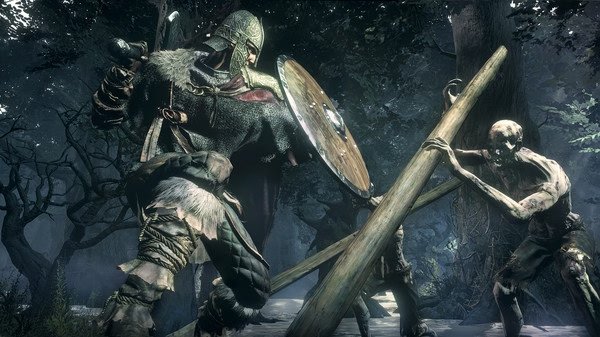 A DARK SOULS™ III screenshot shows a knight with a shield battling two undead enemies in a dark, wooded area.