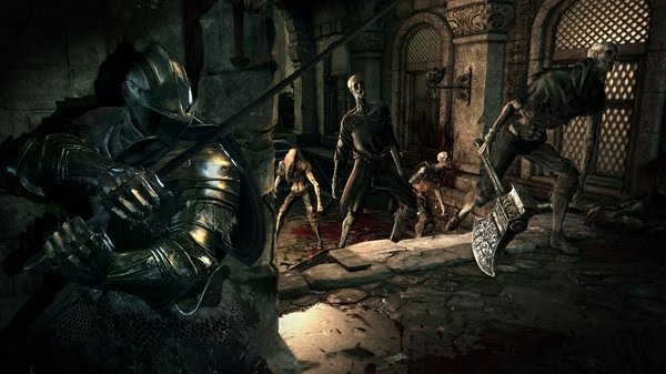 A DARK SOULS™ III screenshot showing a knight in armor facing skeletal enemies in a dimly lit stone corridor.