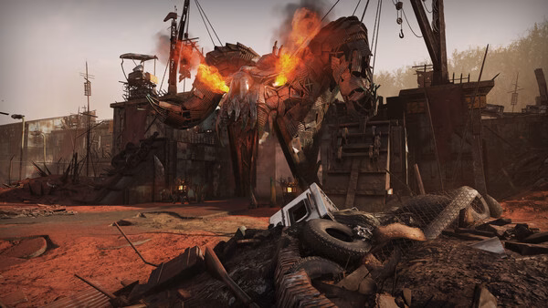 Screenshot from Fallout 76 showing a fiery dragon-shaped metal structure surrounded by debris in a post-apocalyptic setting.