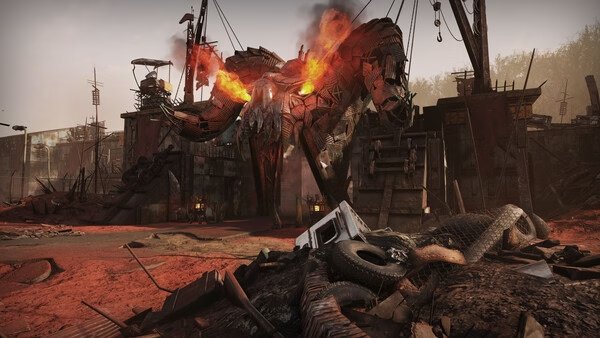 Screenshot from Fallout 76 showing a fiery dragon-shaped metal structure surrounded by debris in a post-apocalyptic setting.