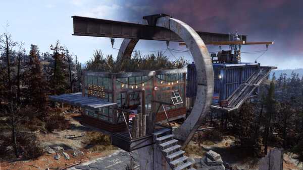Screenshot of a custom-built base in Fallout 76, featuring a circular structure with a "Friends Welcome" sign amidst a forested landscape.