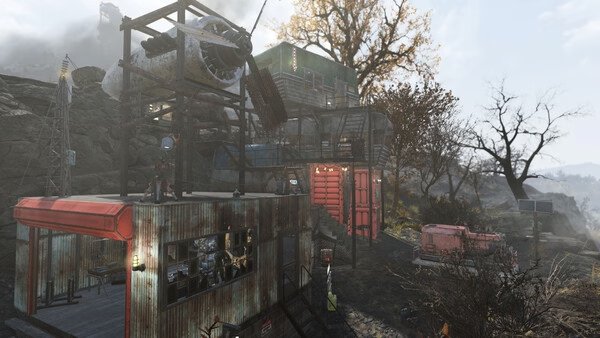 A Fallout 76 screenshot showing a player-built settlement with metal structures, a plane frame, and scenic Appalachian landscape.