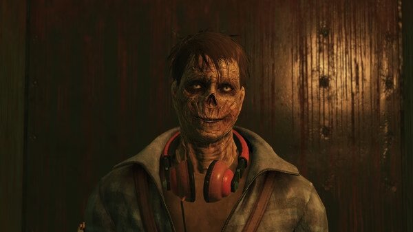 Screenshot from Fallout 76: A character wearing a jacket and headphones stands against a wooden background.