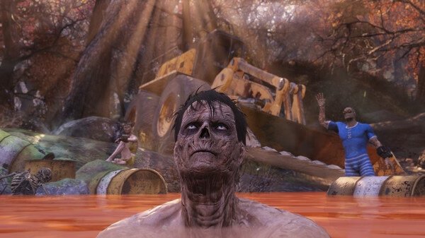 A Fallout 76 screenshot showing a character in a swamp with a broken bulldozer and two figures in the background.
