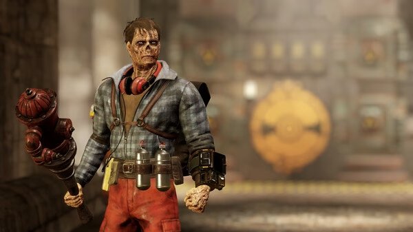Screenshot from Fallout 76 showing a character in red pants and a plaid shirt, holding a large spiked weapon in a dimly lit vault.
