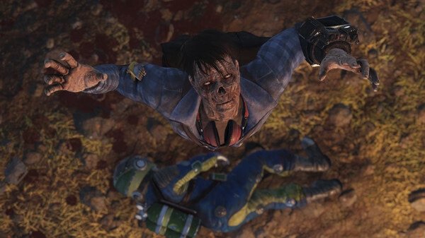 A Fallout 76 screenshot showing a character in a blue jumpsuit reaching out, with another figure in green gear lying on the ground.