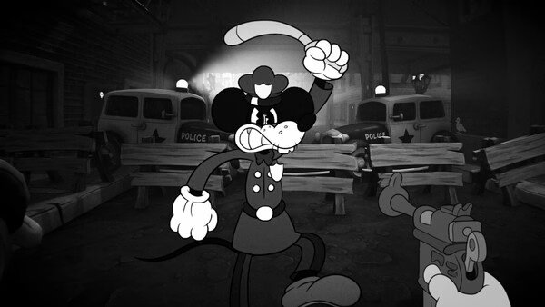 Screenshot from MOUSE: P.I. For Hire showing a cartoon mouse detective in a police uniform, raising a baton in a gritty street setting.