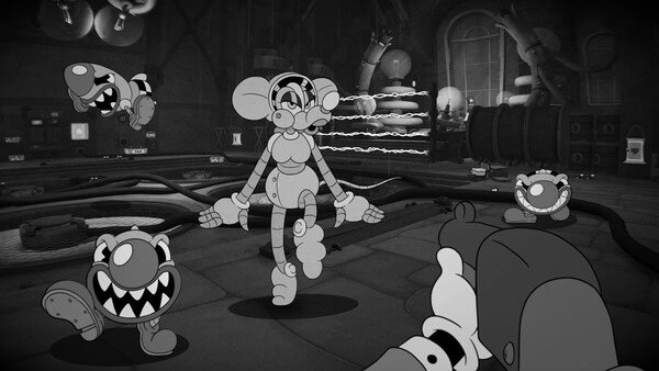 Screenshot from MOUSE: P.I. For Hire showing the detective mouse aiming a weapon at cartoon enemies in a factory setting.