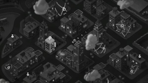 Screenshot from "MOUSE: P.I. For Hire" shows an overhead view of a noir city with buildings and clouds, highlighting detective icons.