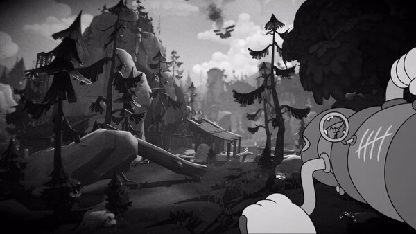 Screenshot from 'MOUSE: P.I. For Hire' showing a forest scene with a small plane overhead and a mouse holding binoculars.