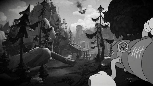 Screenshot from 'MOUSE: P.I. For Hire' showing a forest scene with a small plane overhead and a mouse holding binoculars.