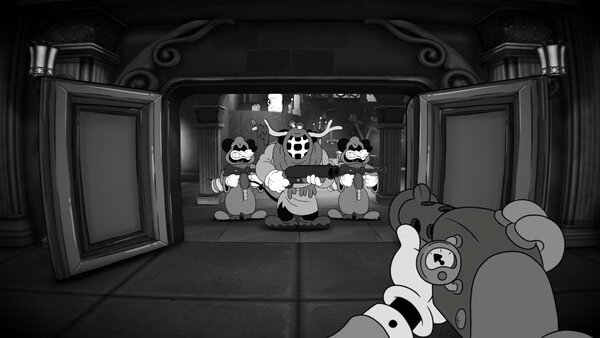 Screenshot from "MOUSE: P.I. For Hire" showing a mouse detective aiming a gun at three menacing characters in an open doorway.